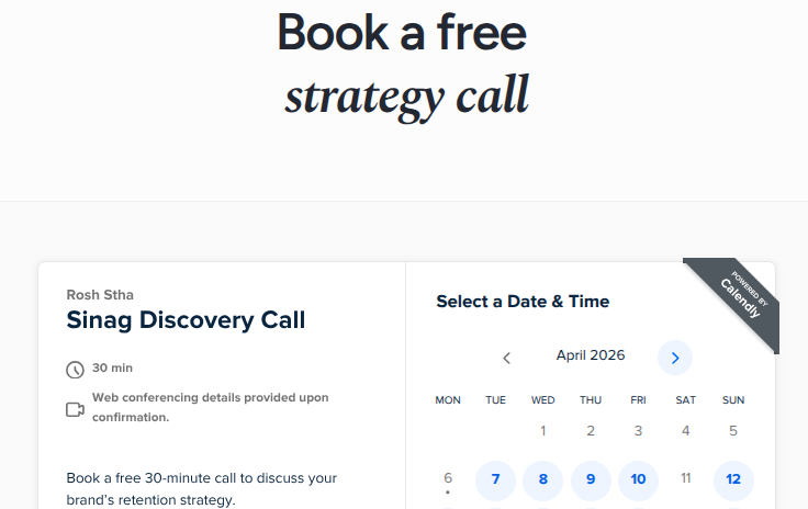 Calendly booking page for a free 30-minute Sinag Discovery Call.