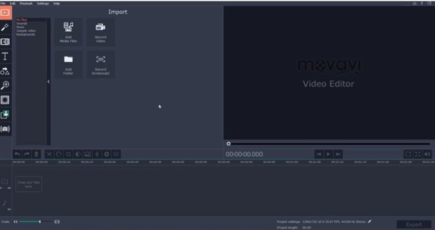 Movavi Video Editor's import screen showing options to add media files, record video, and capture screencasts