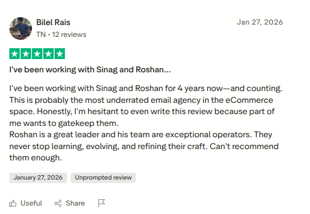 Five-star Trustpilot review from Bilel Rais praising Sinag and Roshan's email marketing work.