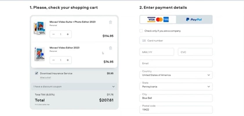 Movavi's online checkout page is showing Video Suite and Video Editor in the cart with an amount.