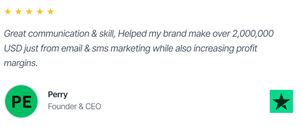 5-star Trustpilot review from Perry, Founder & CEO.