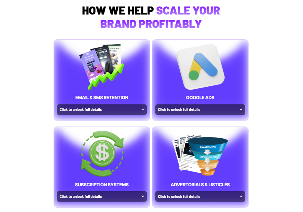 Four service tiles showing Email & SMS Retention, Google Ads, Subscription Systems, and Advertorials & Listicles.
