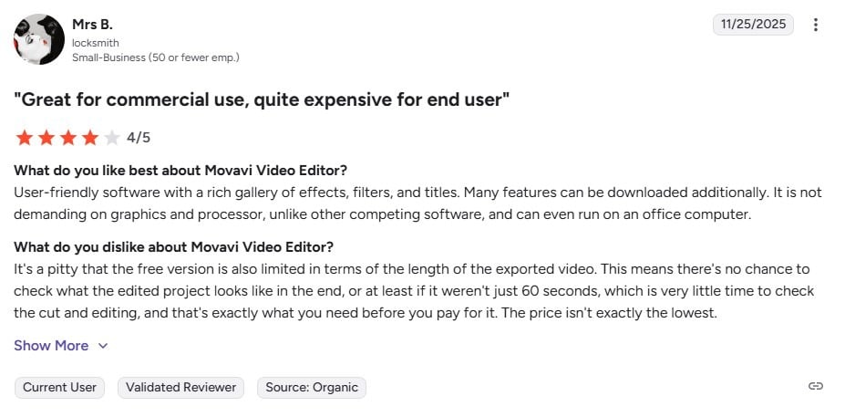 4-star review of Movavi Video Editor by a small business owner, noting strong features but high pricing and free version limitations.