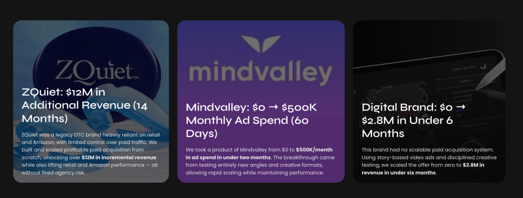 Three Instant Scaling case study cards highlighting client results.