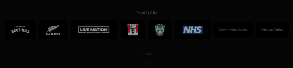 Client logo strip featuring Hallenstein Brothers, All Blacks, Live Nation Entertainment, KFC, NZ Warriors, and NHS.