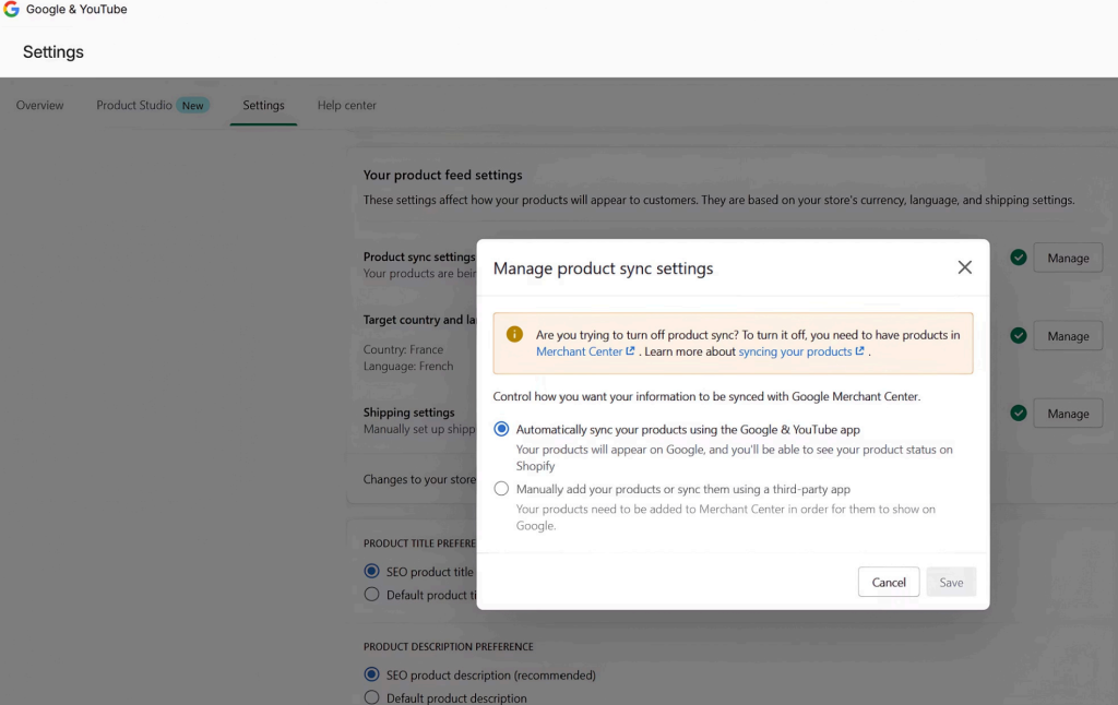 Shopify, Google & YouTube app settings panel with the "Manage product sync settings."