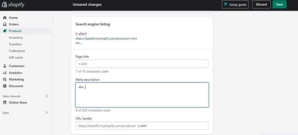 Shopify admin search engine listing editor showing page title, meta description, and URL handle.