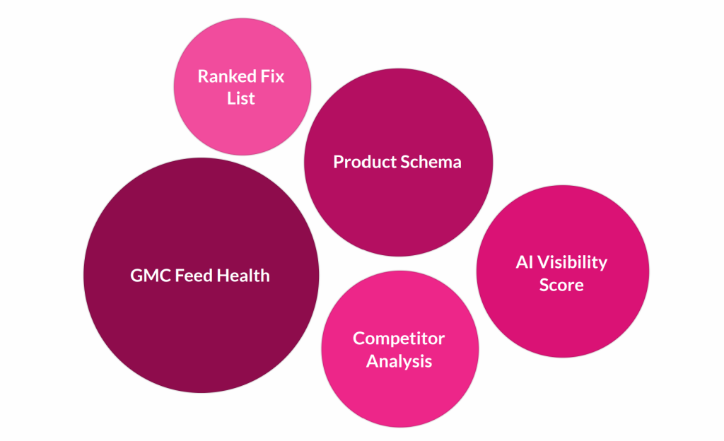 Diagram of the five components of an AmpiFire ecommerce AI visibility audit.