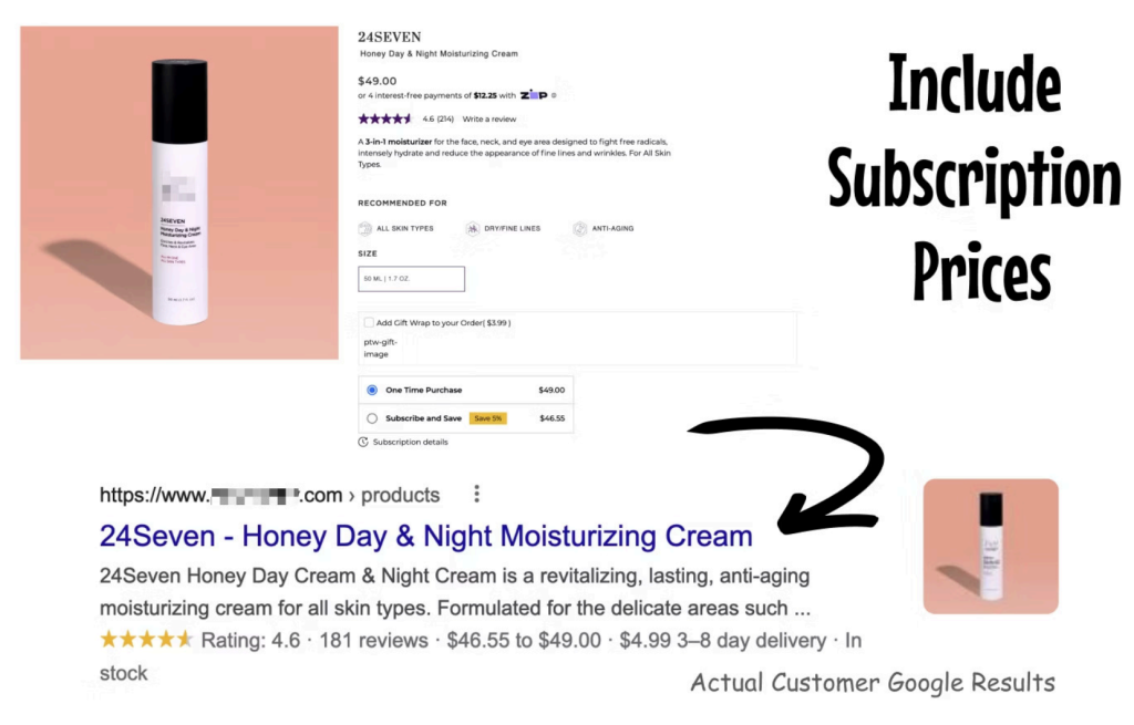Product page with subscription pricing, alongside its Google search result.