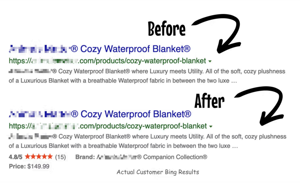 Before and after Bing search results showing product-rich snippets.