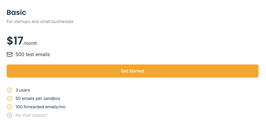 Screenshot of Mailtrap’s Email Testing pricing page.