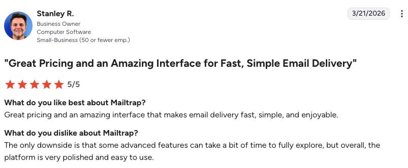 Screenshot of a customer’s 5-star G2 review for Mailtrap.