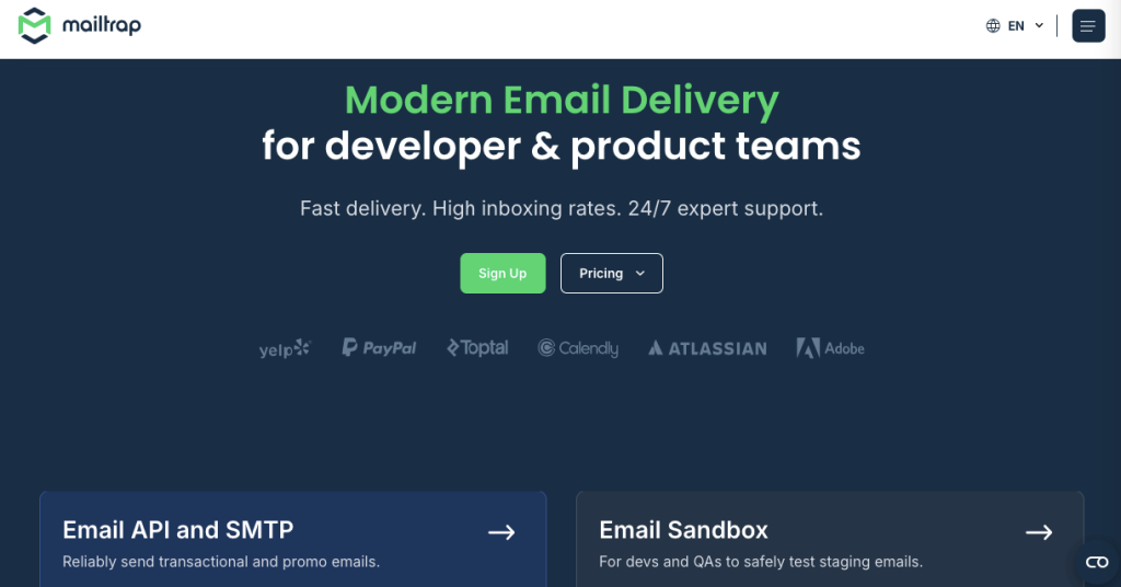 Screenshot of Mailtrap’s home page.