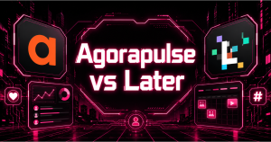 Agorapulse vs Later comparison header with both brand logos against a neon pink futuristic dashboard backdrop