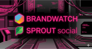 Brandwatch vs Sprout Social logos side by side on a neon cyberpunk background