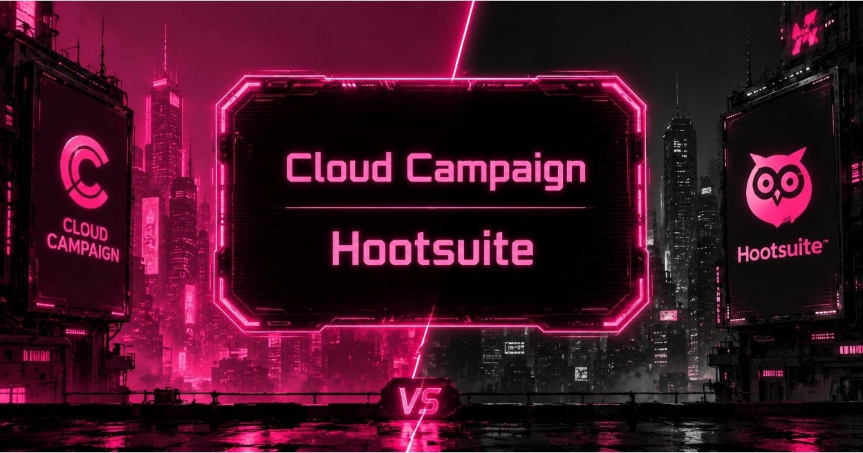 Cyberpunk Cloud Campaign vs Hootsuite social media management comparison banner in neon pink