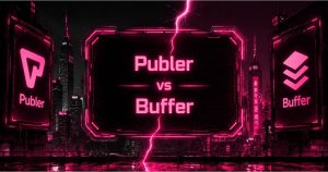 Cyberpunk Publer vs Buffer social media scheduling comparison banner with neon skyline.
