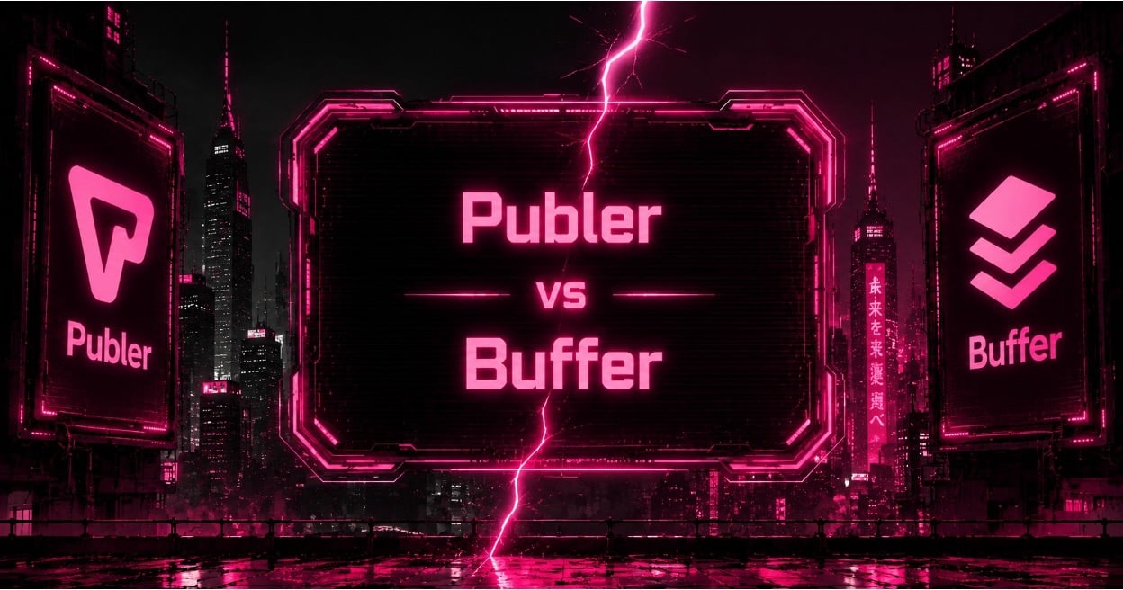Cyberpunk Publer vs Buffer social media scheduling comparison banner with neon skyline.