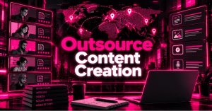 Cyberpunk-style graphic showing global content outsourcing, with a glowing world map, freelancer profiles, content-format icons, and the centered text “Outsource Content Creation.”