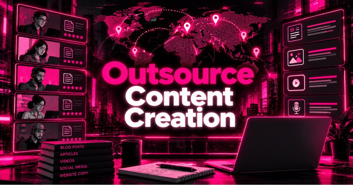 Cyberpunk-style graphic showing global content outsourcing, with a glowing world map, freelancer profiles, content-format icons, and the centered text “Outsource Content Creation.”