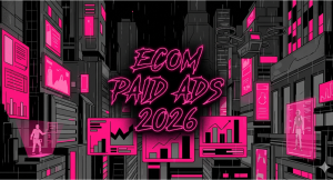 Cyberpunk-style illustration with "Ecom Paid Ads 2026" in pink neon