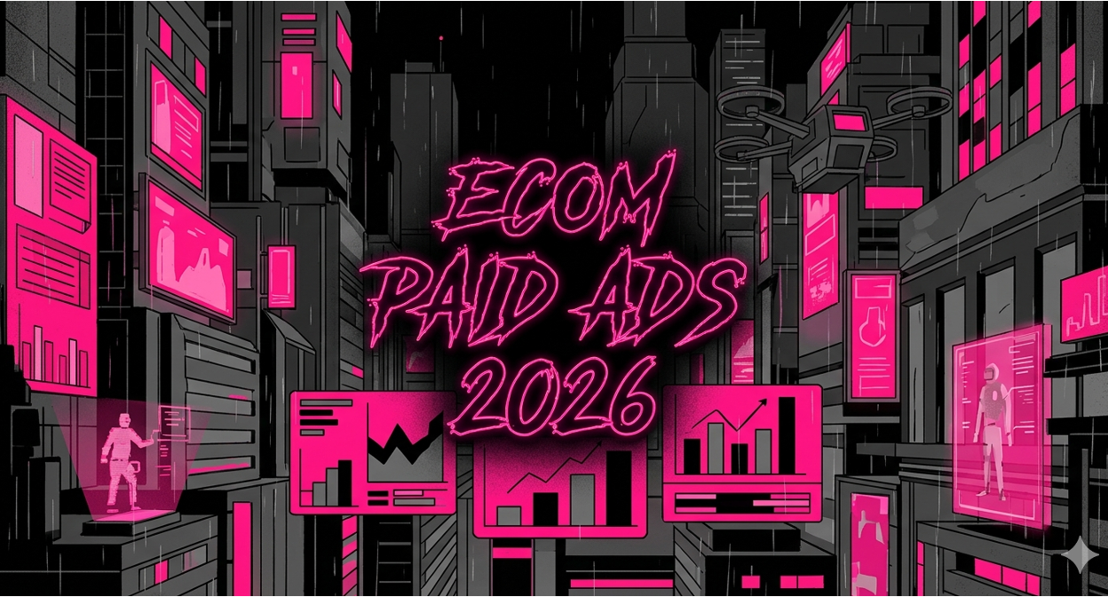 Cyberpunk-style illustration with "Ecom Paid Ads 2026" in pink neon