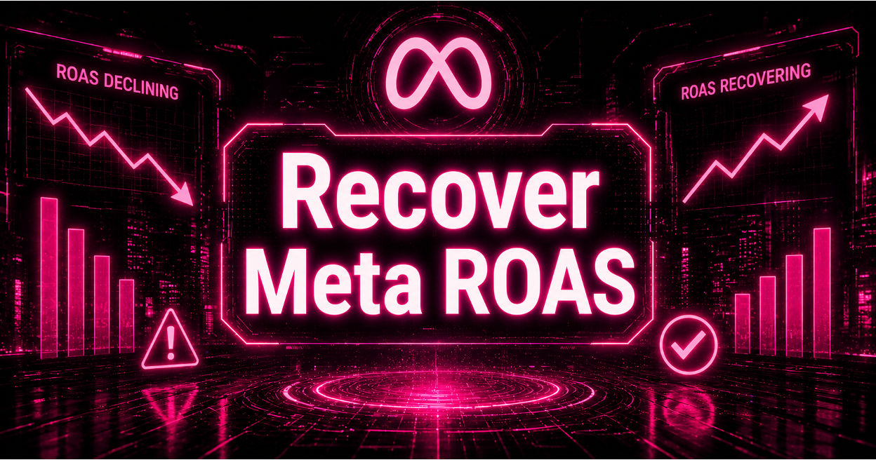 Dark futuristic graphic with the text "Recover Meta ROAS" and Meta logo