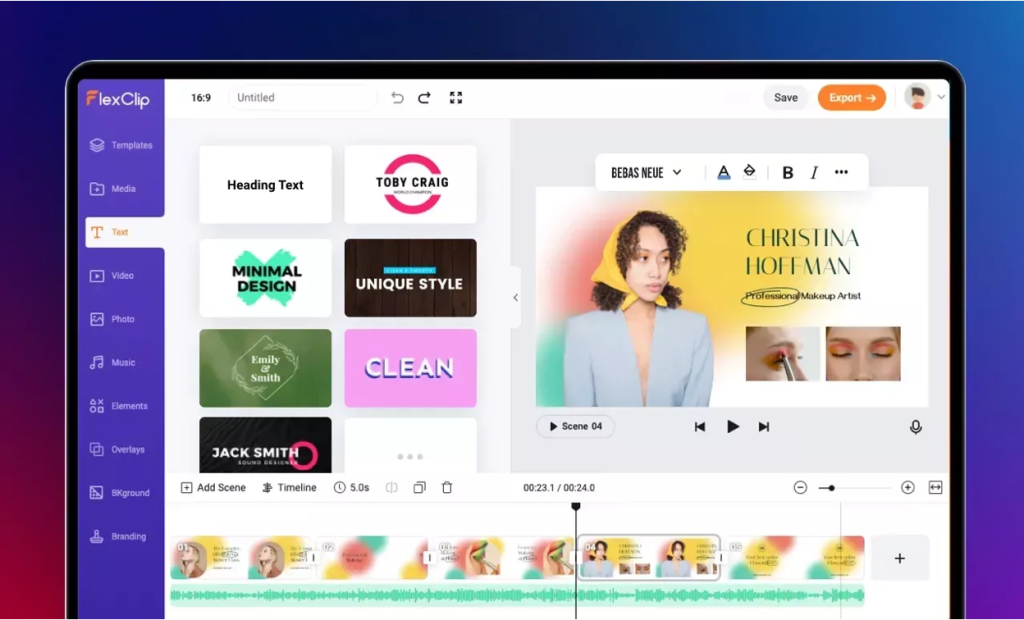 FlexClip editor interface showing text templates, video preview of makeup artist, and timeline with multiple scenes