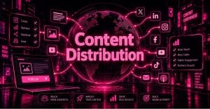 Neon cyberpunk cityscape graphic representing top content distribution agencies in 2026