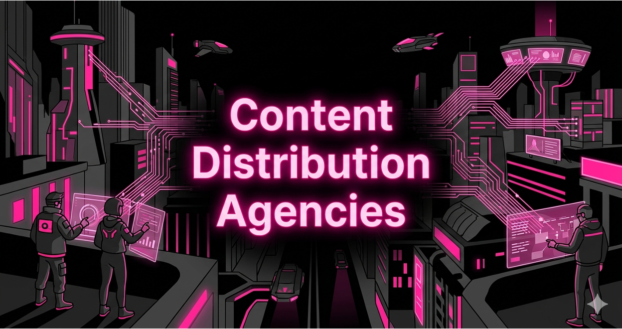 Neon cyberpunk cityscape graphic representing top content distribution agencies in 2026