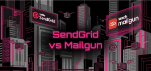 Neon-lit cyberpunk city skyline featuring Twilio SendGrid and Sinch Mailgun billboards with "SendGrid vs Mailgun".