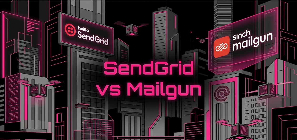 Neon-lit cyberpunk city skyline featuring Twilio SendGrid and Sinch Mailgun billboards with "SendGrid vs Mailgun".