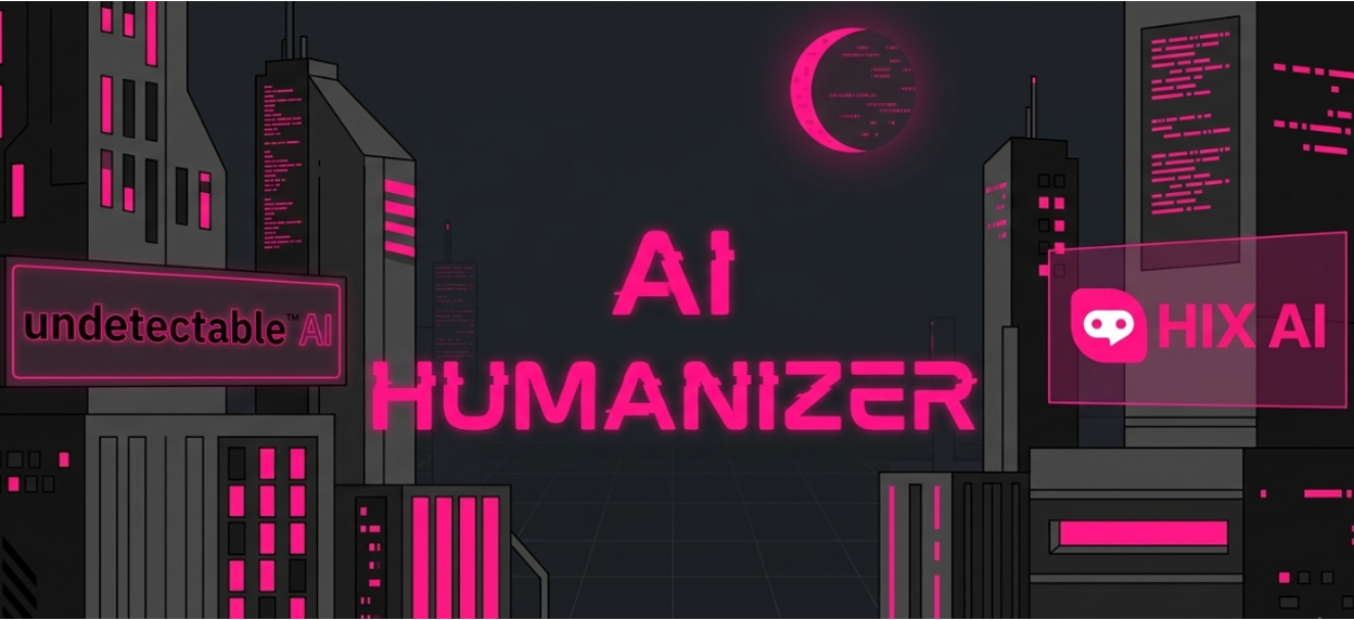 Neon pink "AI Humanizer" text glowing, with Undetectable AI and HIX AI logos on either side