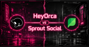 Neon-pink "HeyOrca vs Sprout Social" comparison banner with both brand logos in a futuristic cyberpunk cityscape.
