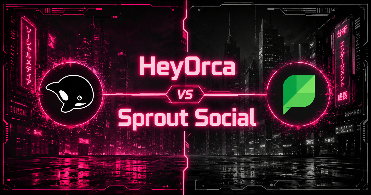 Neon-pink "HeyOrca vs Sprout Social" comparison banner with both brand logos in a futuristic cyberpunk cityscape.