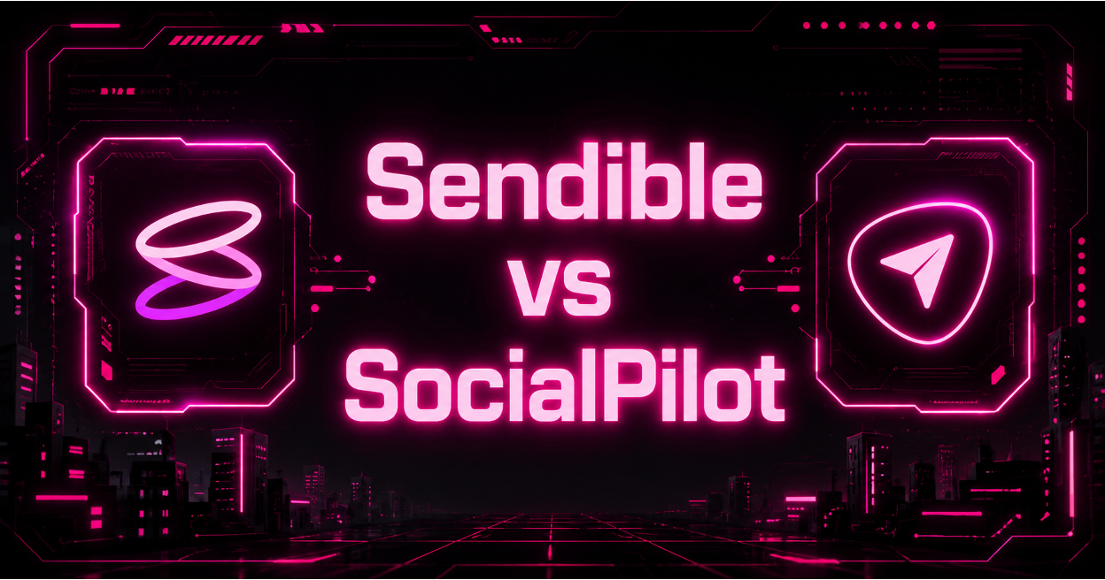 Neon-pink "Sendible vs SocialPilot" comparison banner with both brand logos in a futuristic cyberpunk cityscape