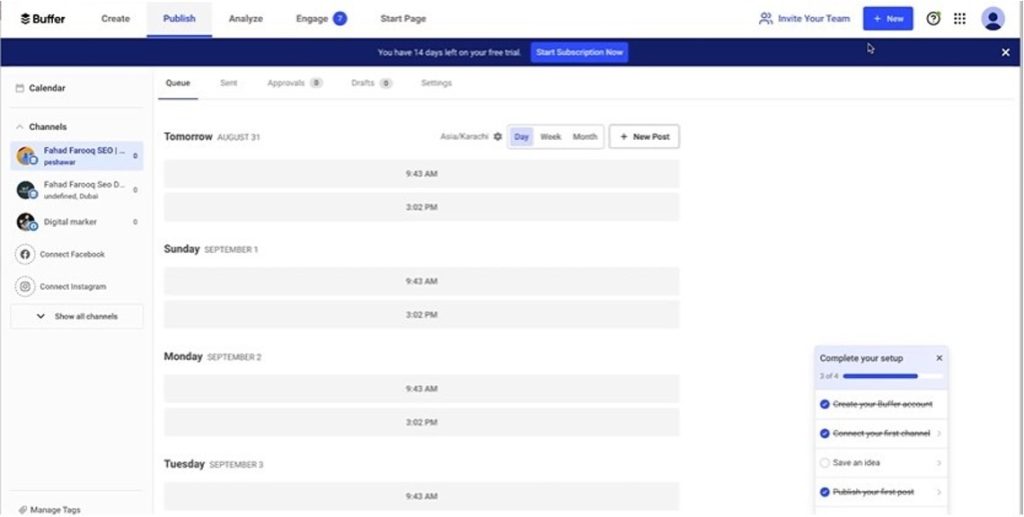 Buffer's Publish dashboard showing the scheduled post queue across multiple days.