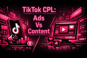 Pink and black graphic comparing TikTok paid ads CPL versus organic content marketing costs