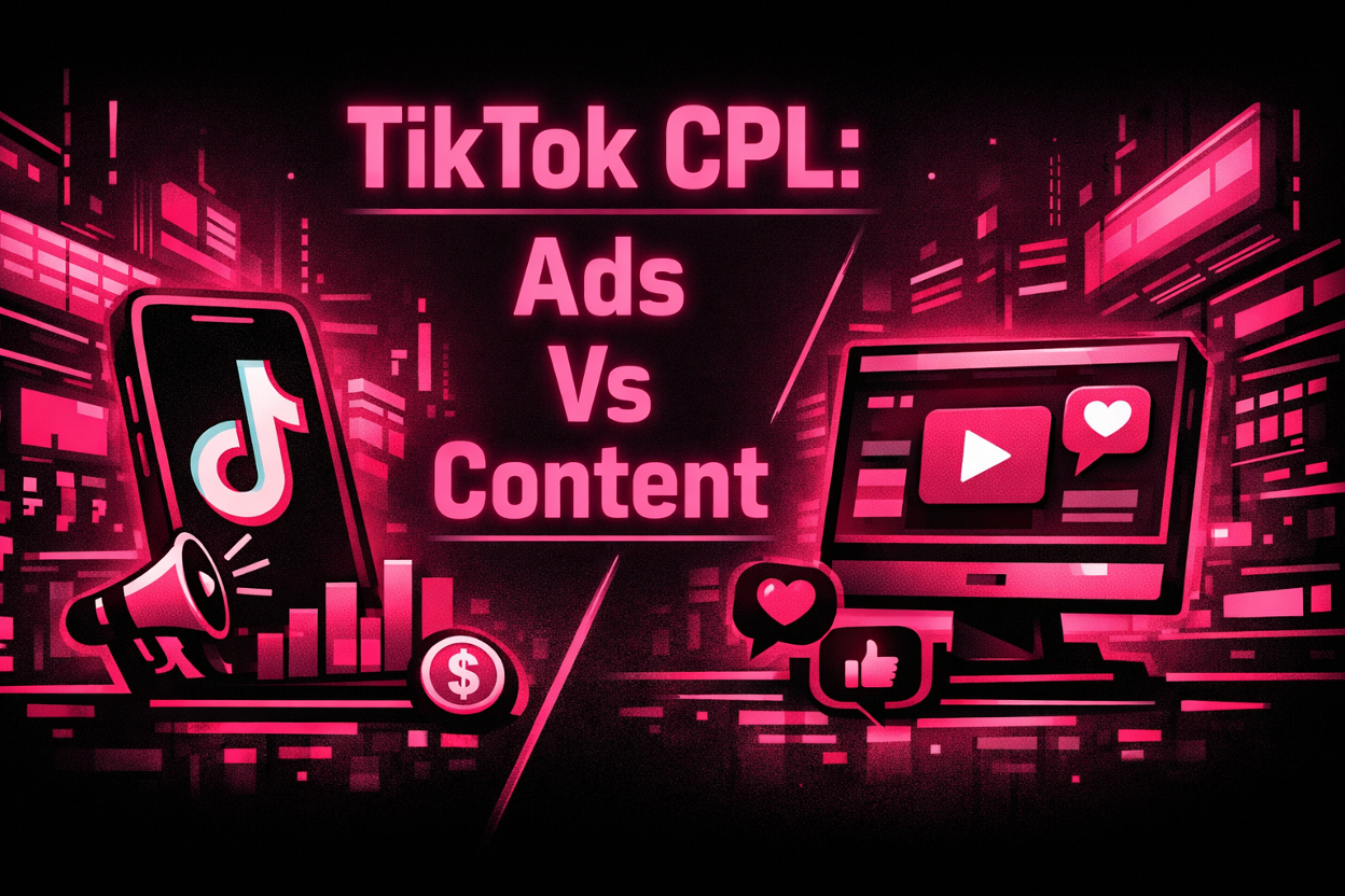 Pink and black graphic comparing TikTok paid ads CPL versus organic content marketing costs