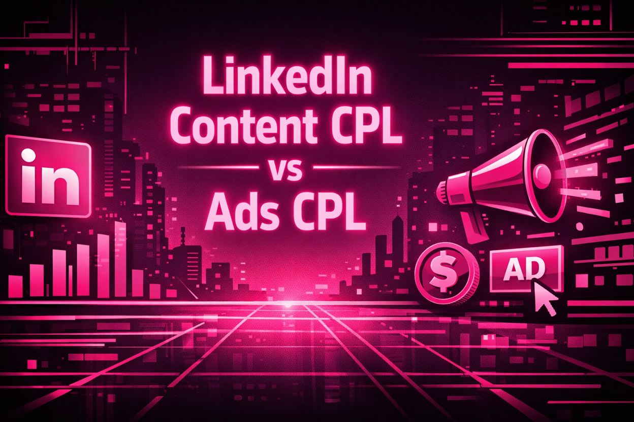 Pink graphic comparing LinkedIn content CPL versus LinkedIn ads CPL with a megaphone and dollar coin