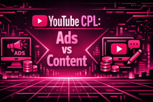 Pink-themed graphic comparing YouTube cost per lead from paid ads versus organic content with monitor, coin, and megaphone icons.