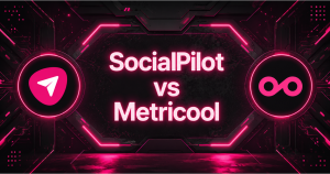 SocialPilot vs Metricool comparison graphic with both brand logos on a neon pink futuristic background
