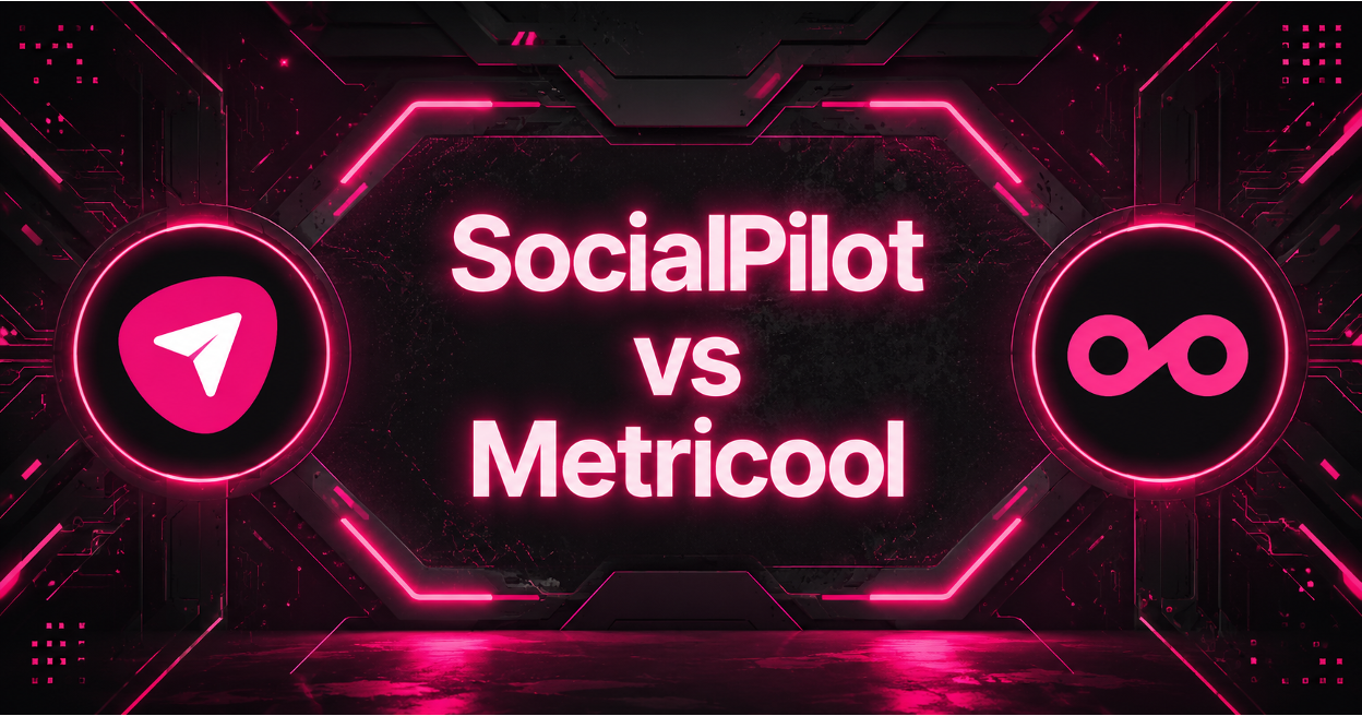 SocialPilot vs Metricool comparison graphic with both brand logos on a neon pink futuristic background