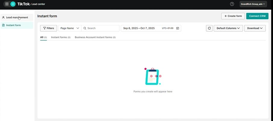 TikTok Lead Center interface used to manage lead forms for paid CPL campaigns.
