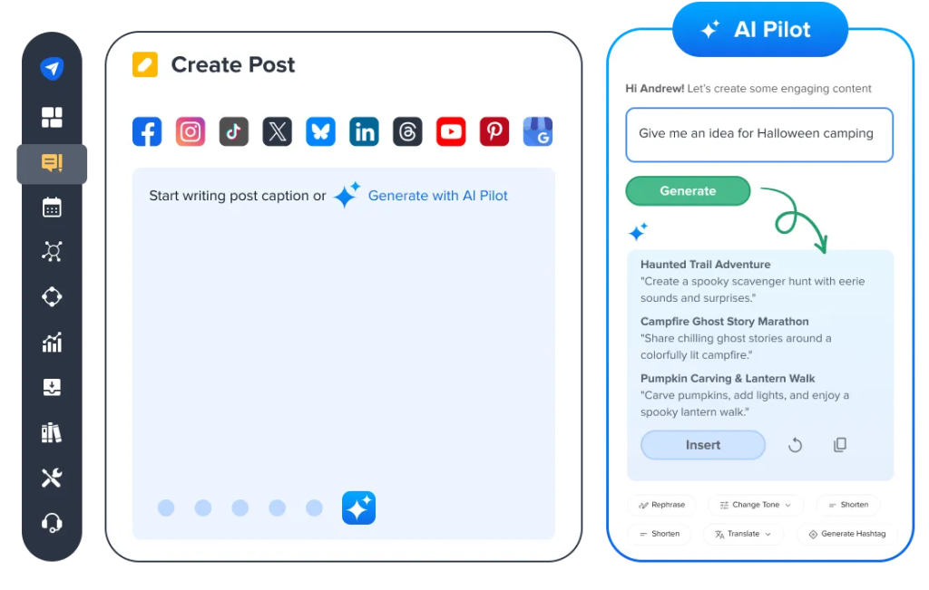 SocialPilot's Create Post composer alongside the AI Pilot panel, generating Halloween camping caption ideas from the prompt "Give me an idea for Halloween camping."