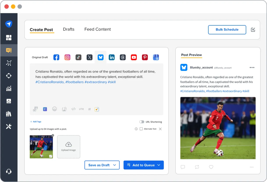 SocialPilot's Create Post dashboard with a Bulk Schedule button, nine social platform tabs selected, and a live Bluesky post preview.