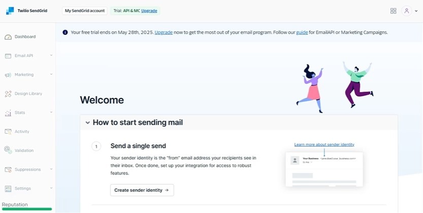 SendGrid welcome dashboard with onboarding steps for new users.