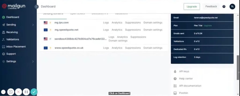 Mailgun dashboard showing sending domains, analytics, and plan details.