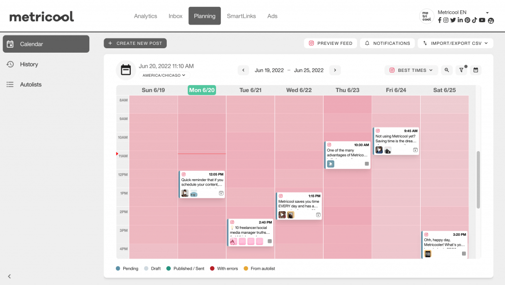 Metricool's Planning calendar showing a week of scheduled posts in a drag-and-drop visual grid with a Best Times recommendation toggle.