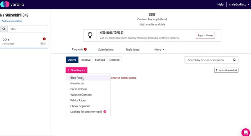 Verblio platform dashboard showing a New Request menu with content outsourcing format options.
